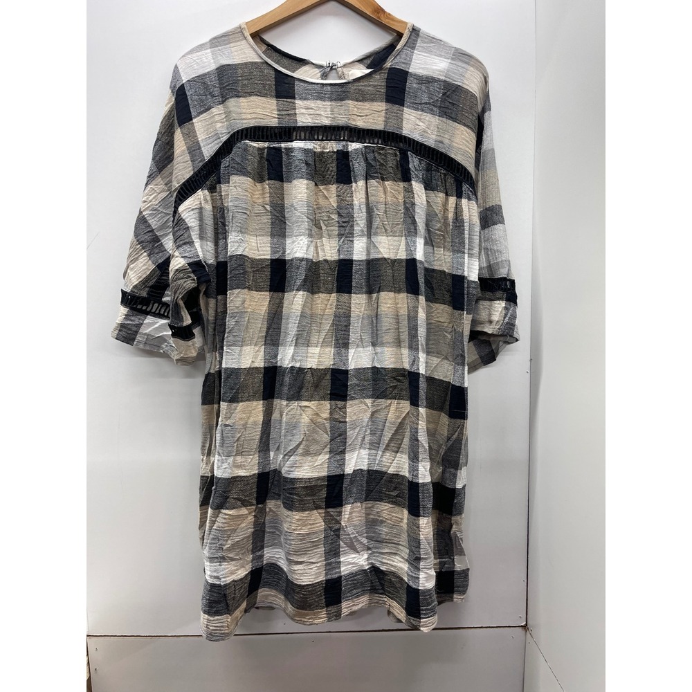 Maeve‎ Anthropologie Plaid Shift Dress Black Tan Crochet Lace Trim Womens Small